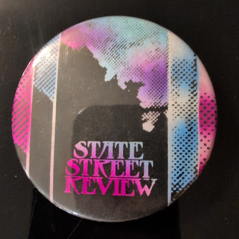 Vintage State Street Review Pinback Button Pink Blue Geometric Retro Badge - Picture 1 of 2